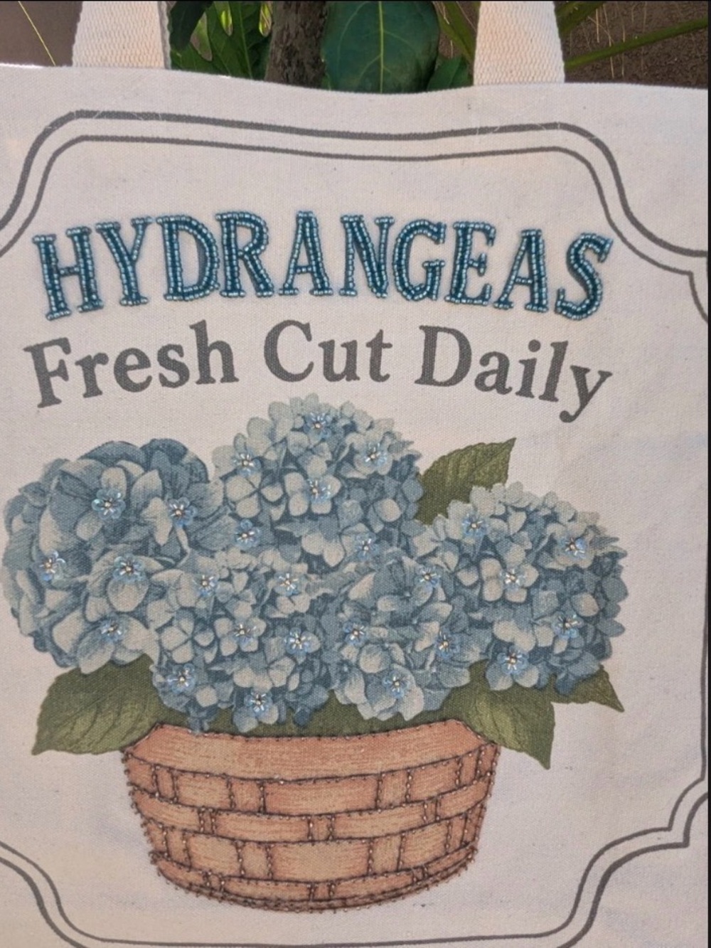 Hydrangeas Fresh Cut Daily Canvas Tote - Blue Floral Basket